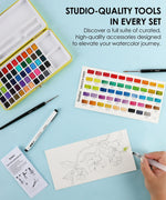 Watercolor Set Of 50 & Coloring Book Bundle showing open watercolor palette, color swatch, paintbrushes, and floral sketch being painted.