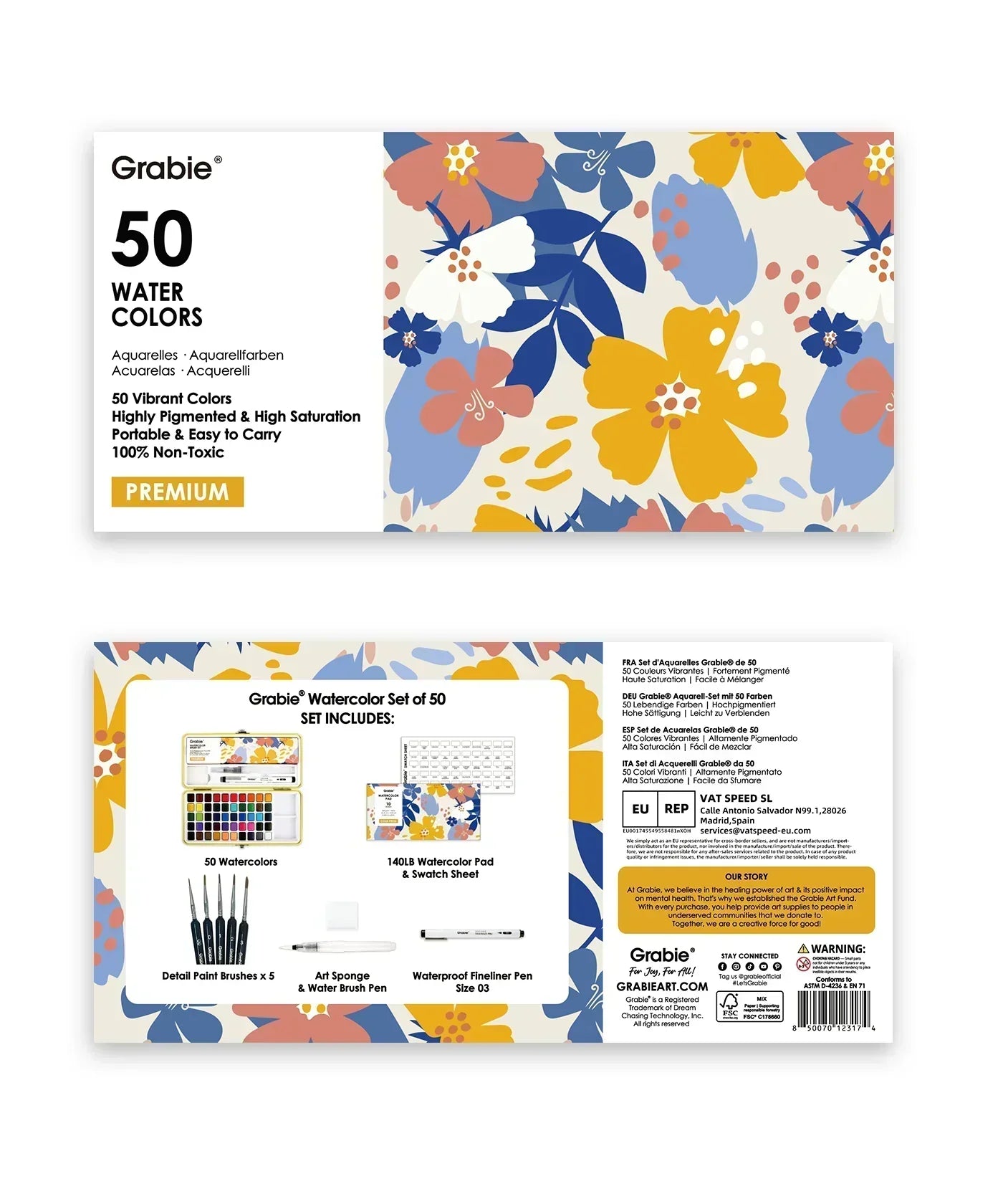 2026 Watercolor Calendar & Creative Tools Set featuring 50 vibrant watercolor paints with brushes, sponge, and fineliner pen