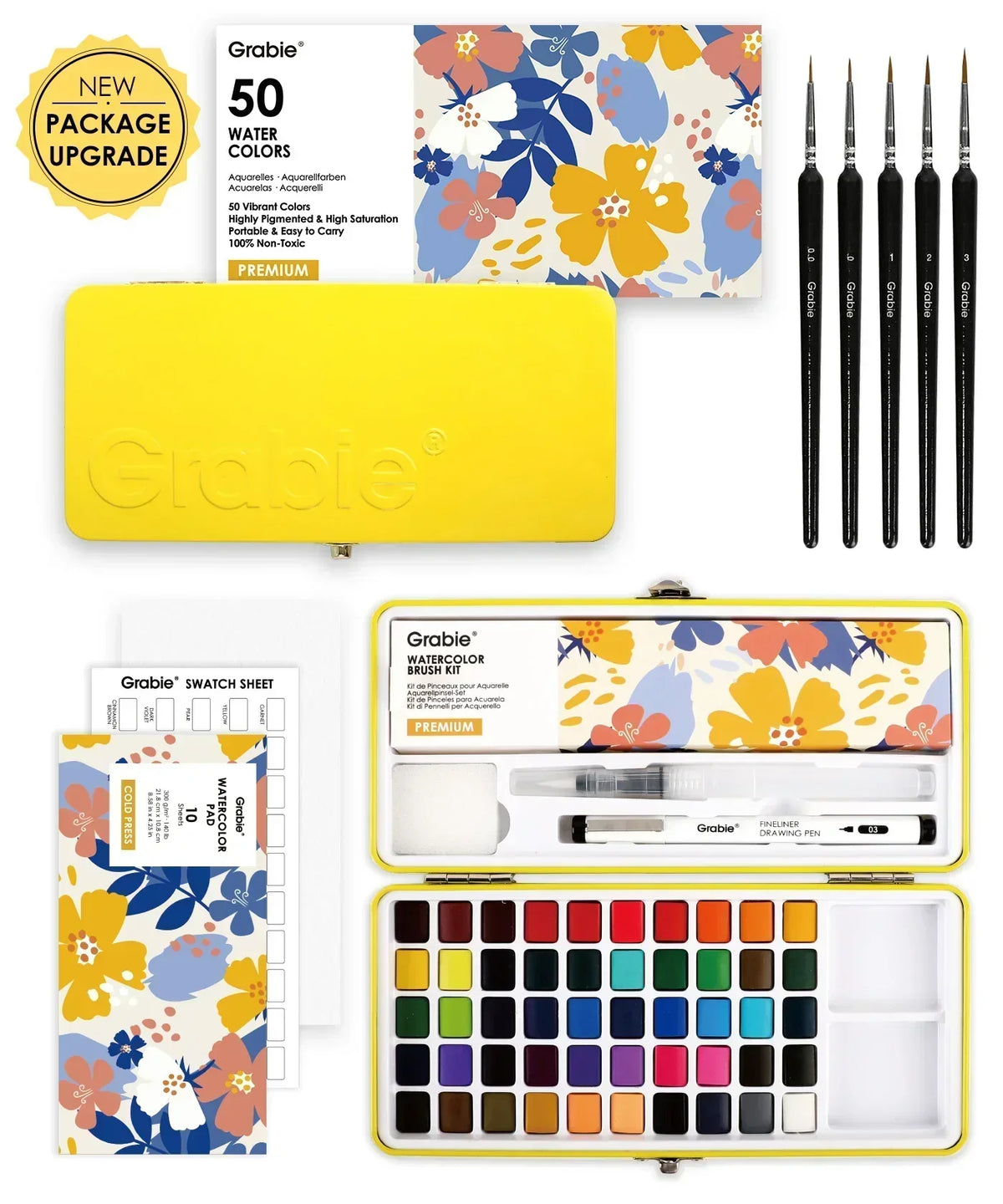 2026 Watercolor Calendar & Creative Tools Set featuring vibrant watercolors, brushes, pens, and floral design packaging