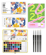 2026 Watercolor Calendar & Creative Tools Set with watercolor paints, brushes, watercolor pad, and colorful calendar design