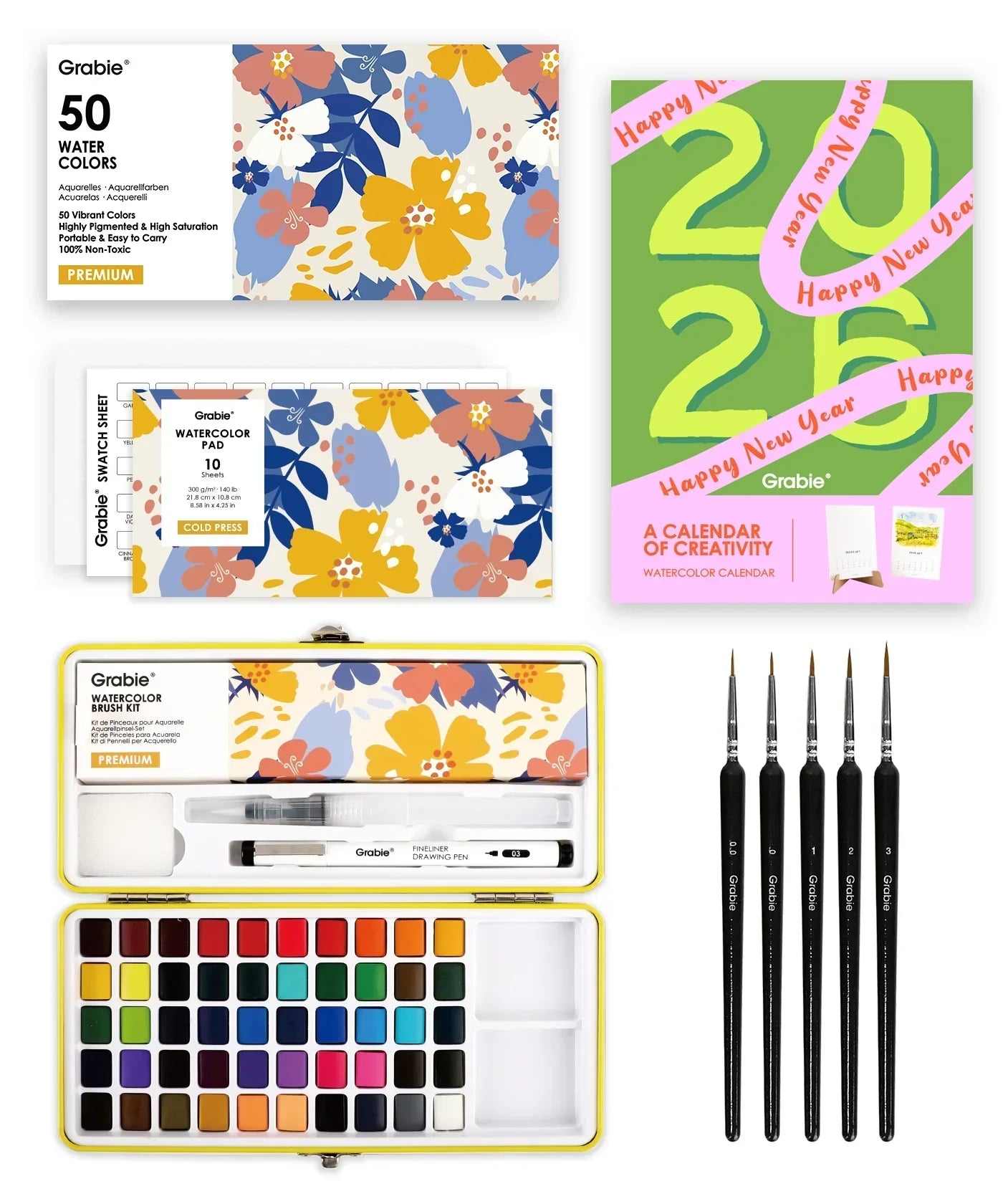 2026 Watercolor Calendar & Creative Tools Set with watercolor paints, brushes, watercolor pad, and colorful calendar design