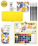Watercolor Set Of 50 & Coloring Book Bundle with colorful floral packaging, brushes, pens, and a yellow paint tin case