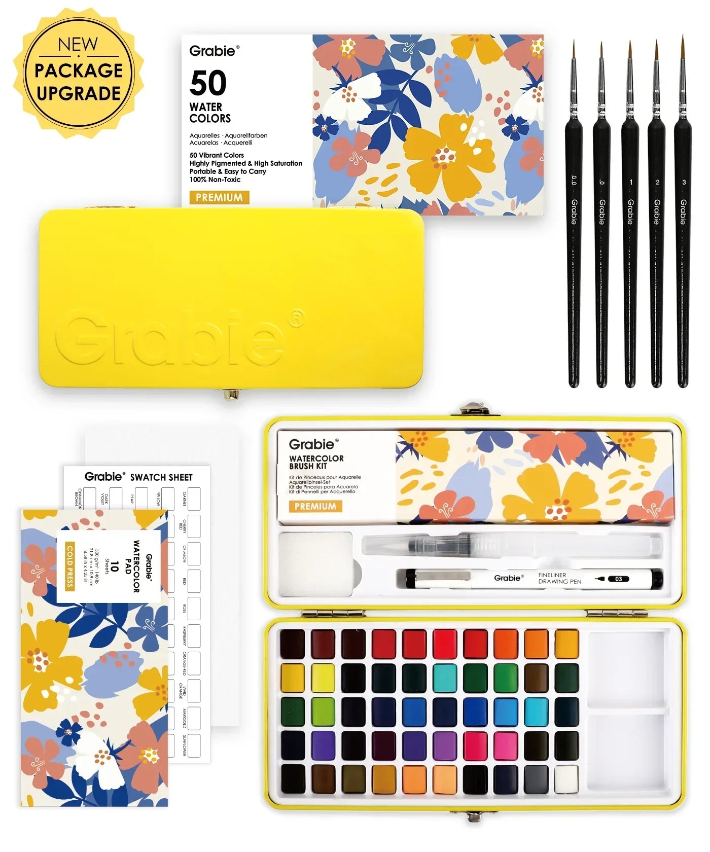 Watercolor Set Of 50 & Coloring Book Bundle with colorful floral packaging, brushes, pens, and a yellow paint tin case