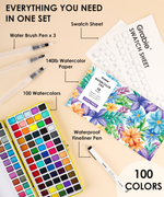100 Colors Set of art supplies including water brush pens, watercolor paper, swatch sheet, and watercolors on a beige background.