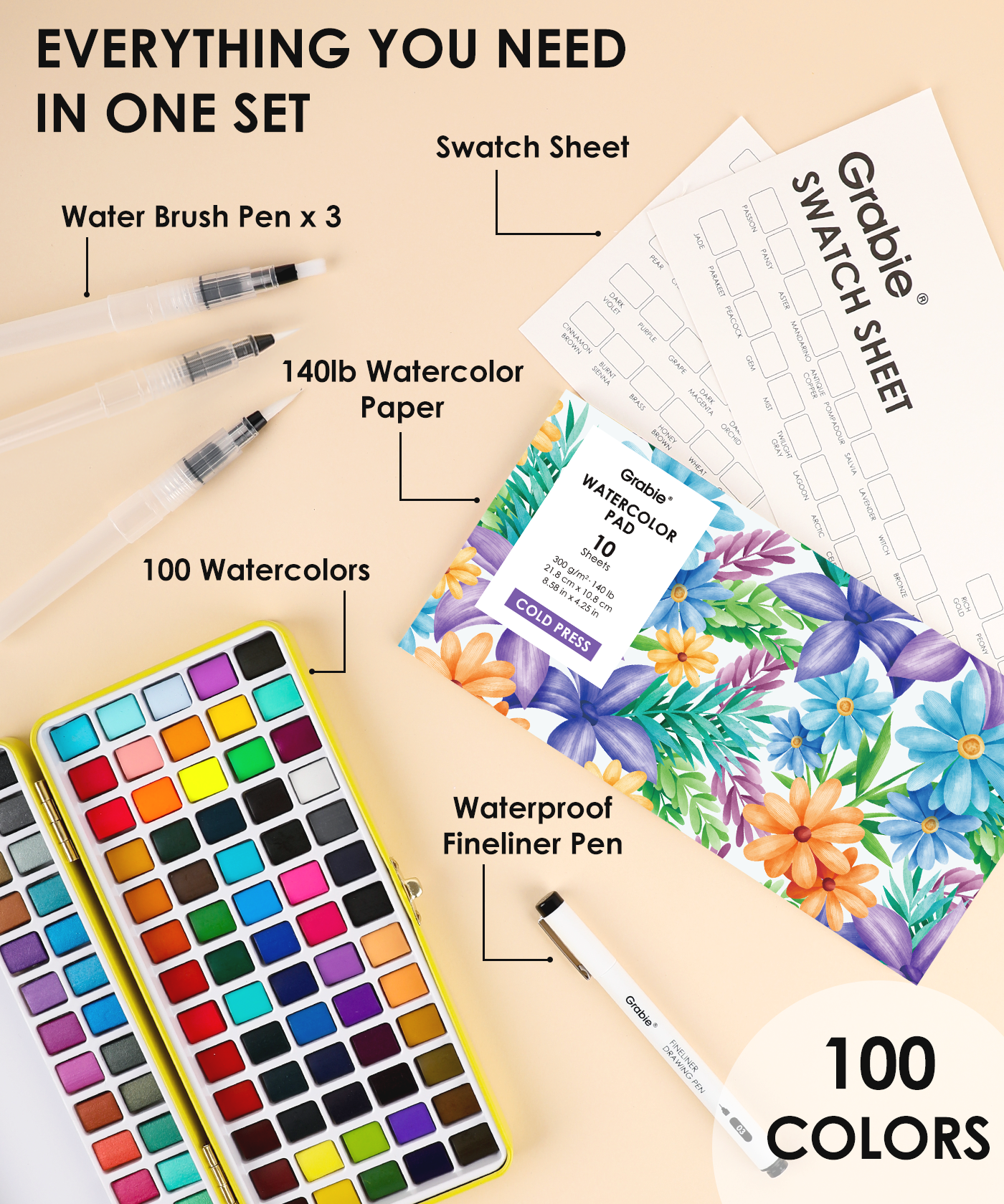 100 Colors Set of art supplies including water brush pens, watercolor paper, swatch sheet, and watercolors on a beige background.