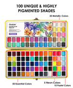 Watercolor paint set with colorful packaging and labeled color ranges.