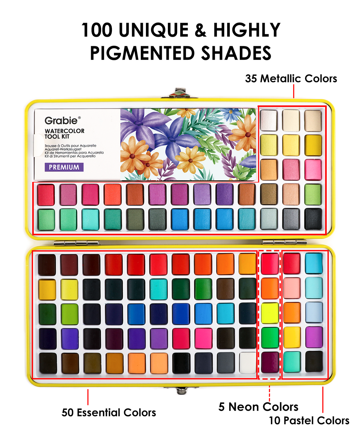 Watercolor paint set with colorful packaging and labeled color ranges.