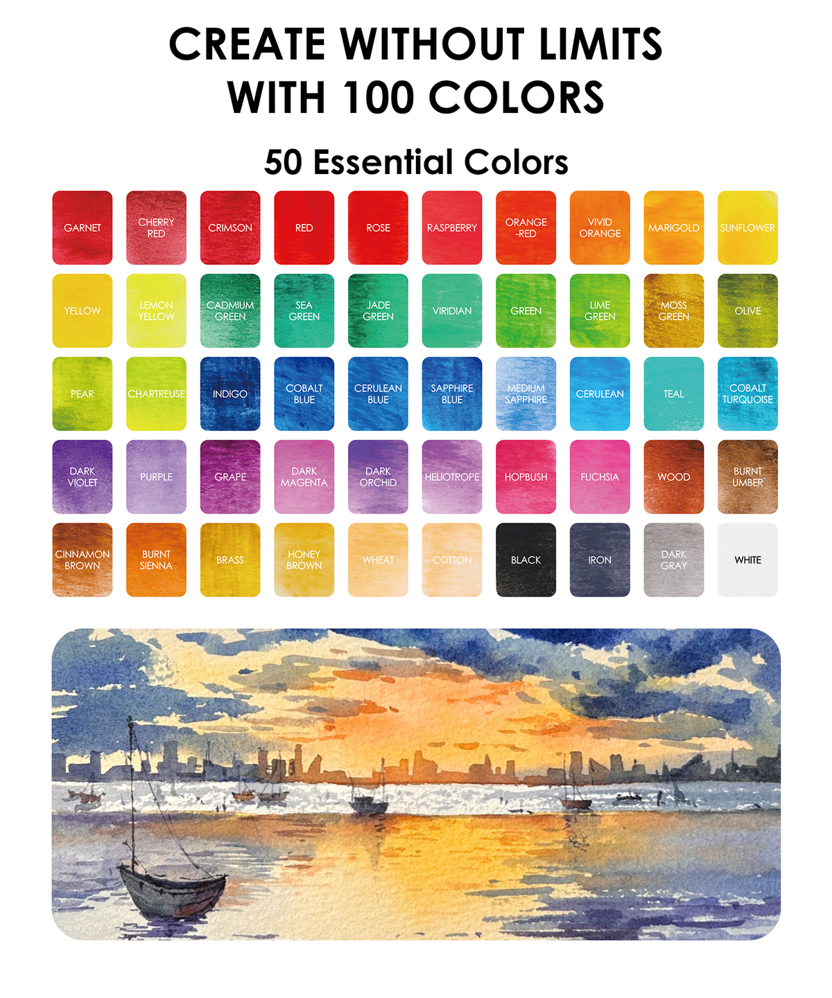 Color swatch chart with 50 essential colors and a watercolor painting of a sunset over a city.