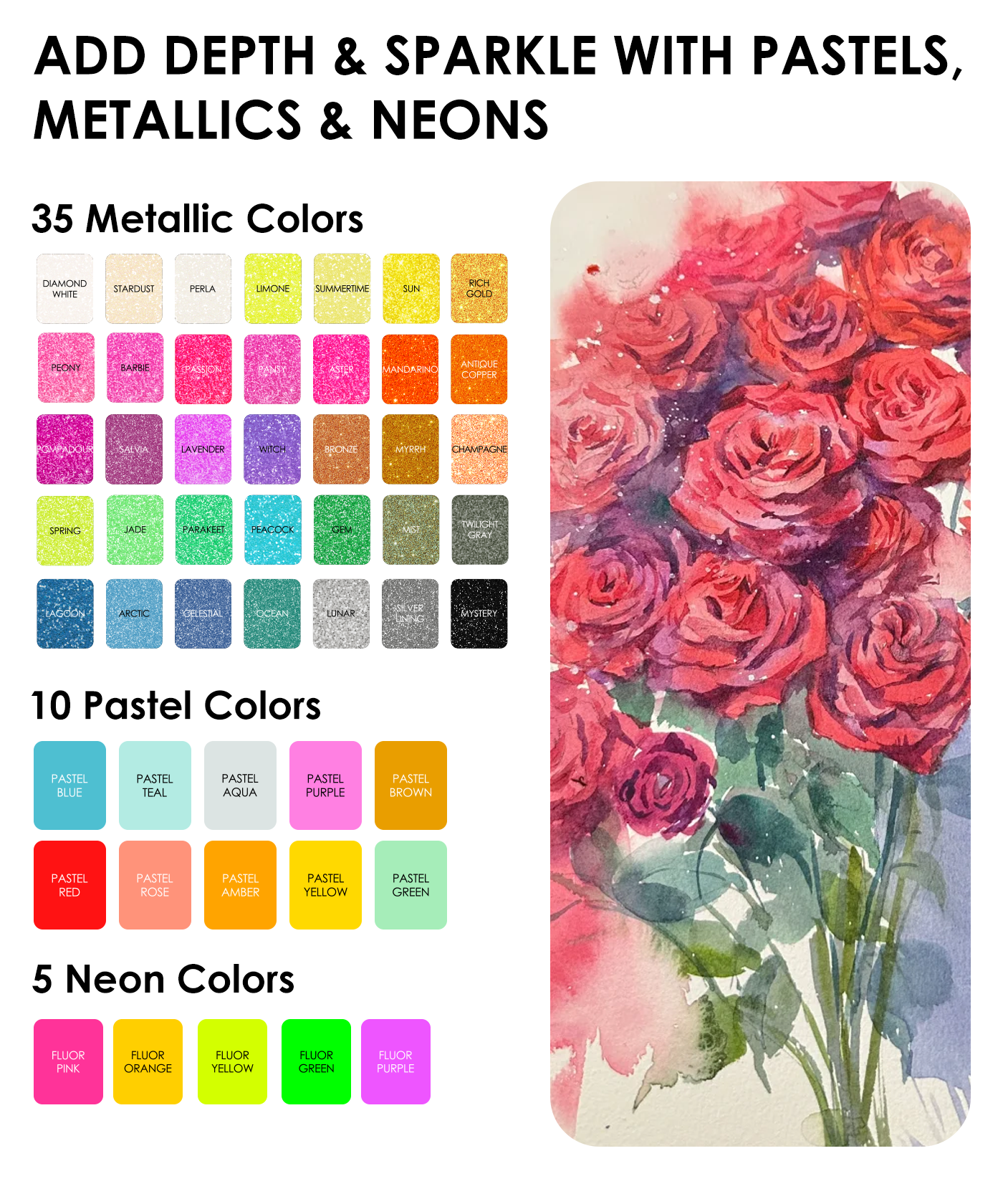 All-In-One Premium Watercolor Set showing 35 metallic, 10 pastel, 5 neon colors with floral watercolor painting