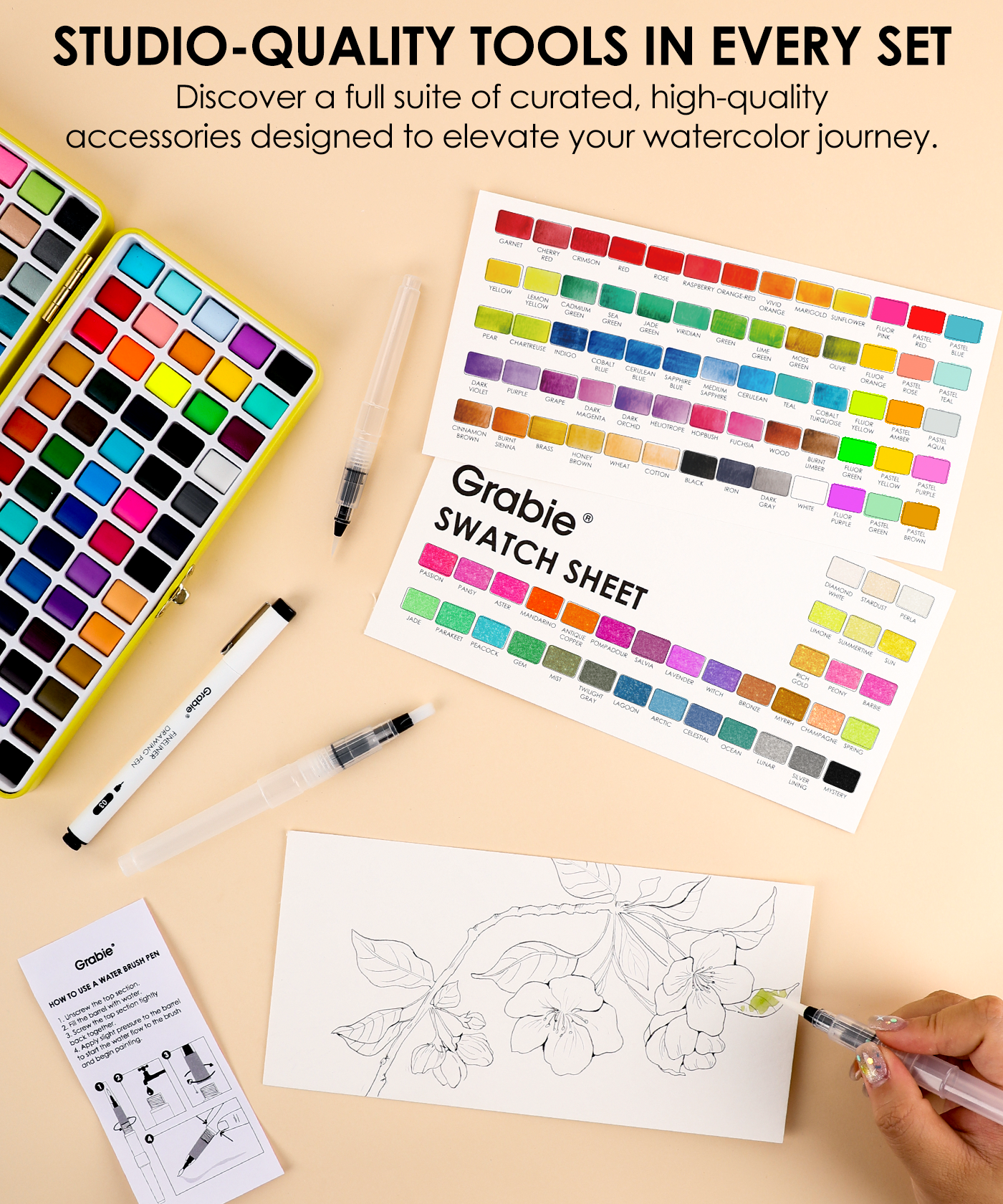 All-In-One Premium Watercolor Set with color swatch sheet, watercolor palette, marker, and painting brush tools