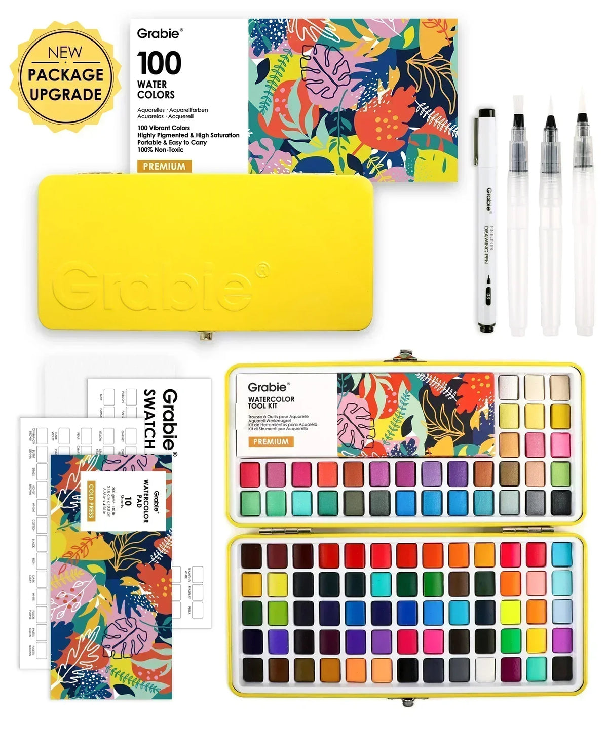 All-In-One Premium Watercolor Set of 100 With Coloring Bookmarks featuring vibrant pigments, brush pens, and a yellow carrying case