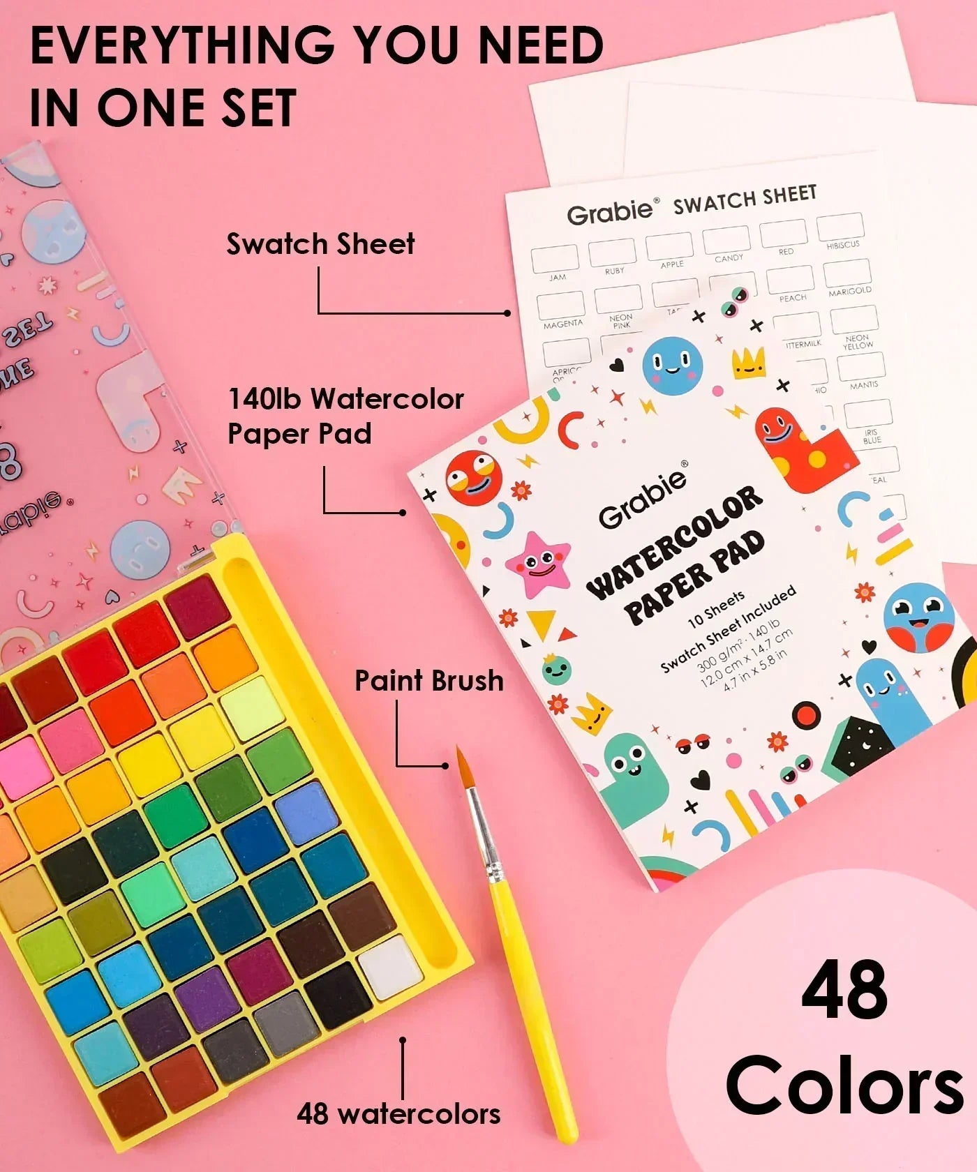 The Watercolor Beginner‘s Bundle showing 48 vibrant watercolors, a paint brush, watercolor paper pad, and swatch sheet.