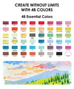 The Watercolor Beginner‘s Bundle with 48 essential colors displayed in swatches above a scenic watercolor landscape painting.