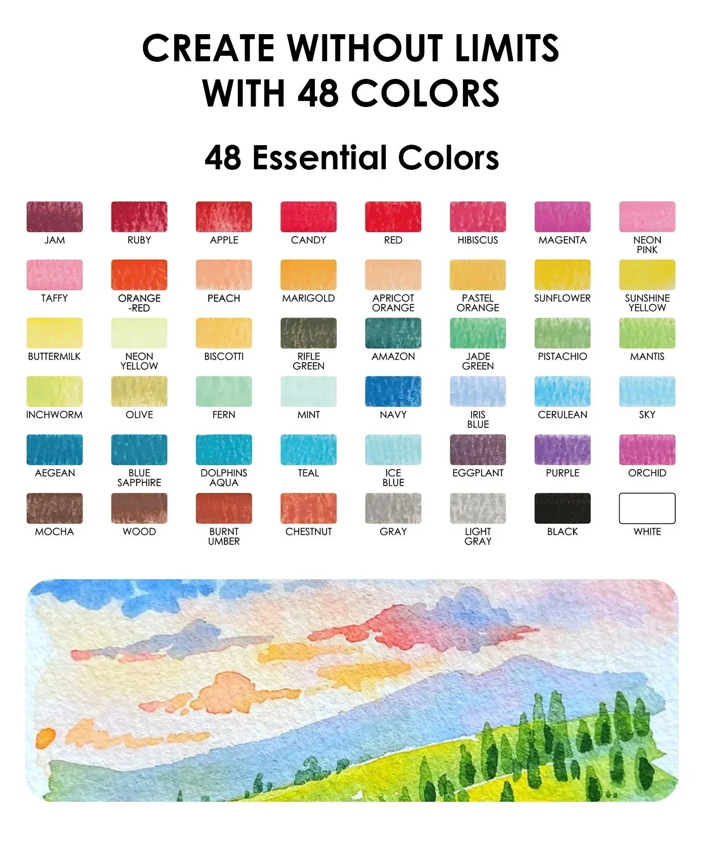 The Watercolor Beginner‘s Bundle with 48 essential colors displayed in swatches above a scenic watercolor landscape painting.