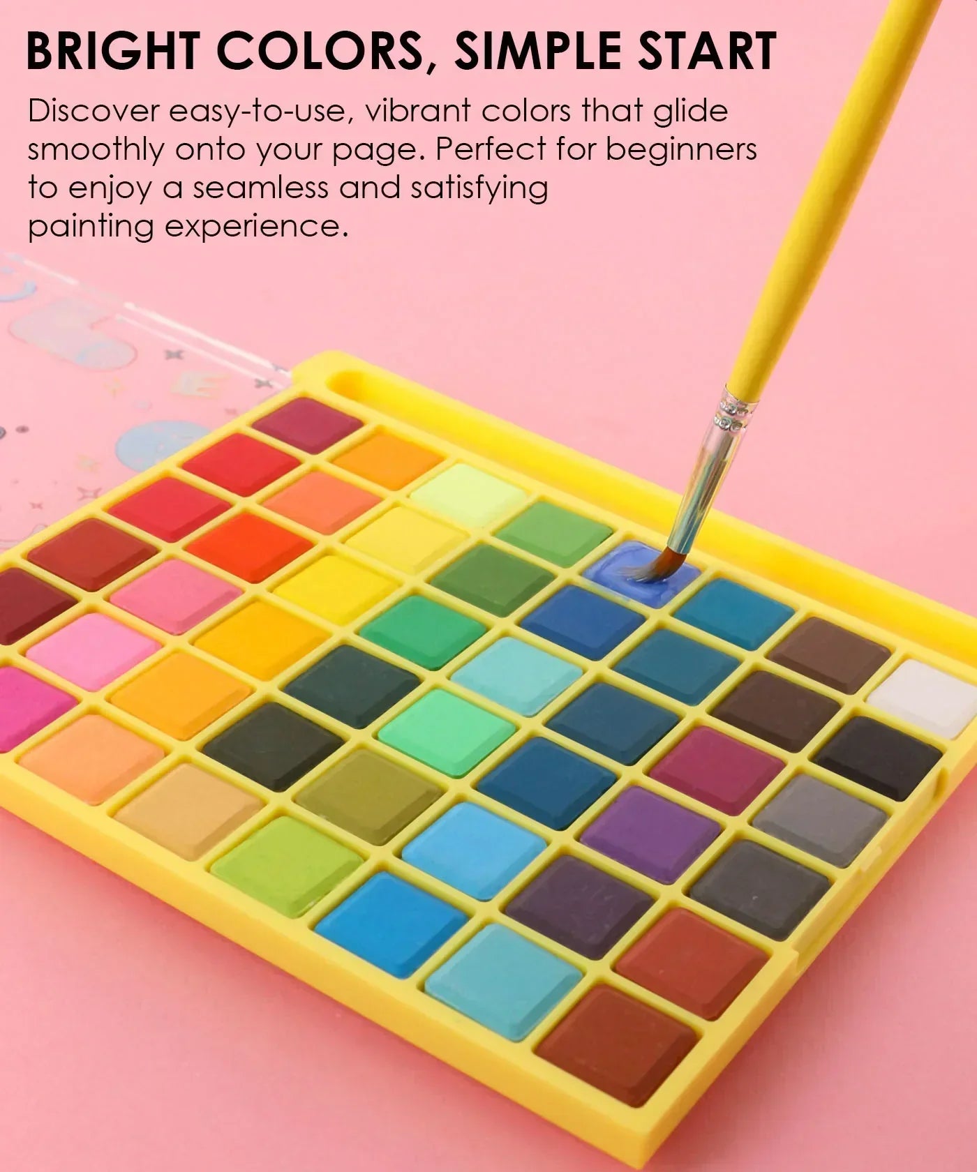 The Watercolor Beginner‘s Bundle with vibrant watercolor paints and a brush for smooth, easy painting experience.