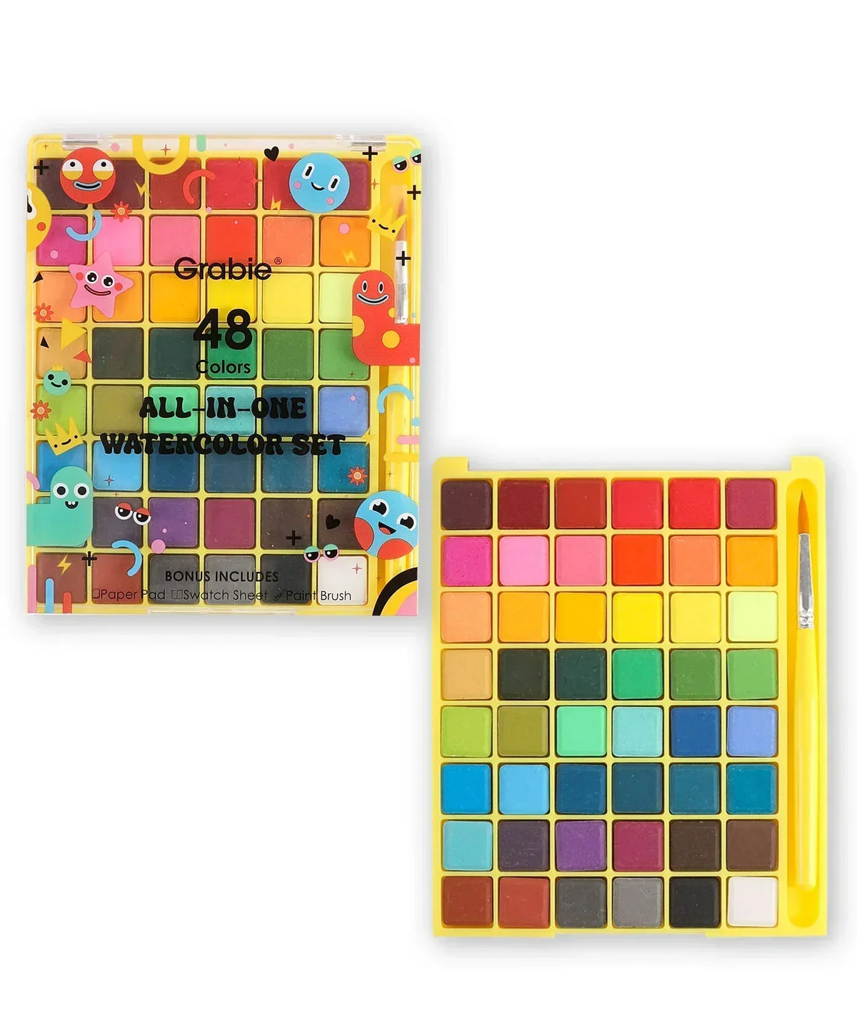 The Watercolor Beginner‘s Bundle showing a colorful 48-color palette with brush and cute character designs on packaging