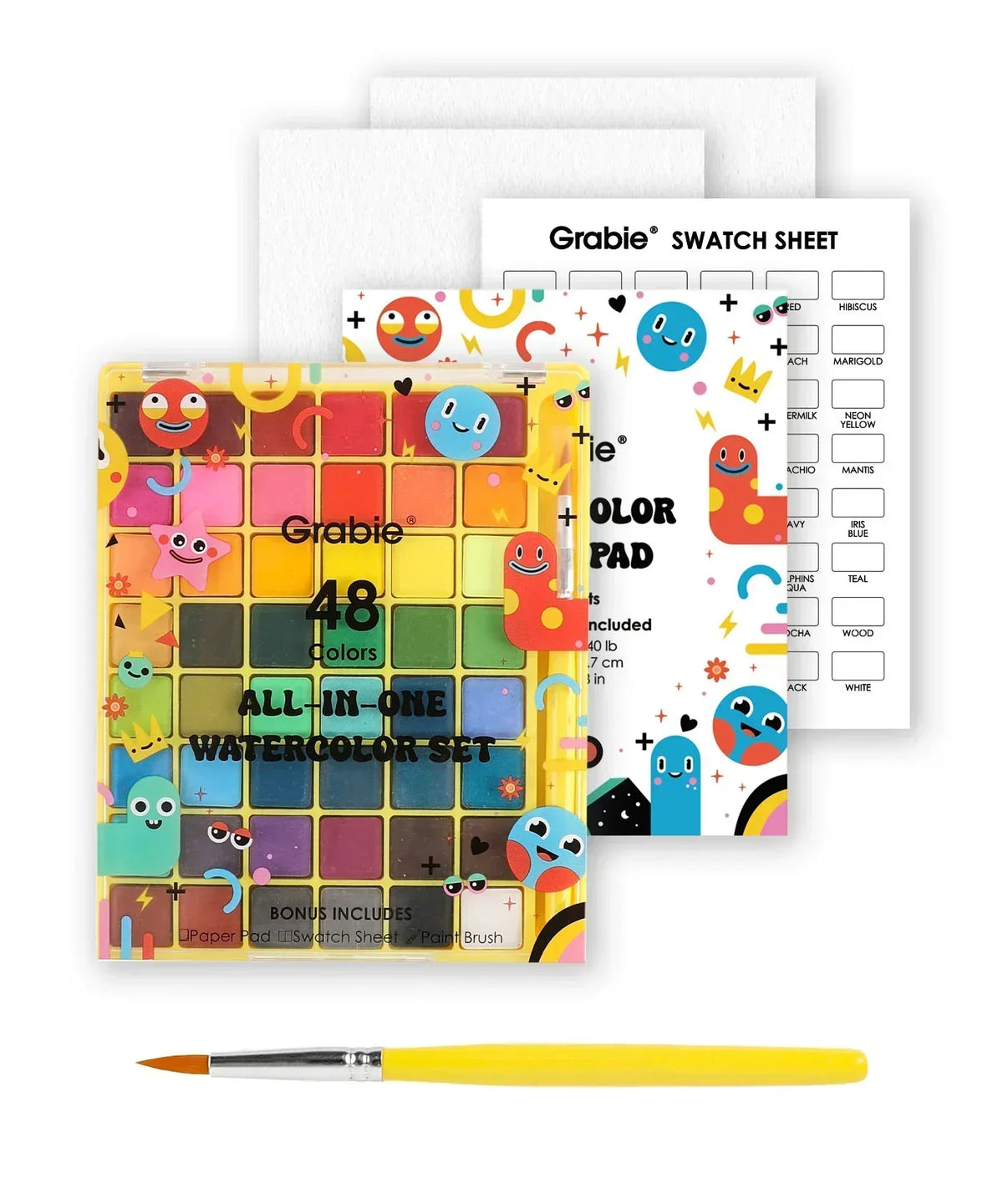 The Watercolor Beginner‘s Bundle featuring 48 vibrant watercolors, a brush, and colorful swatch sheets for art supplies.
