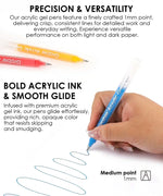 Hand holding blue pen drawing smooth lines, highlighting Retro Charm Meets Bold Color Bundle acrylic gel pens.