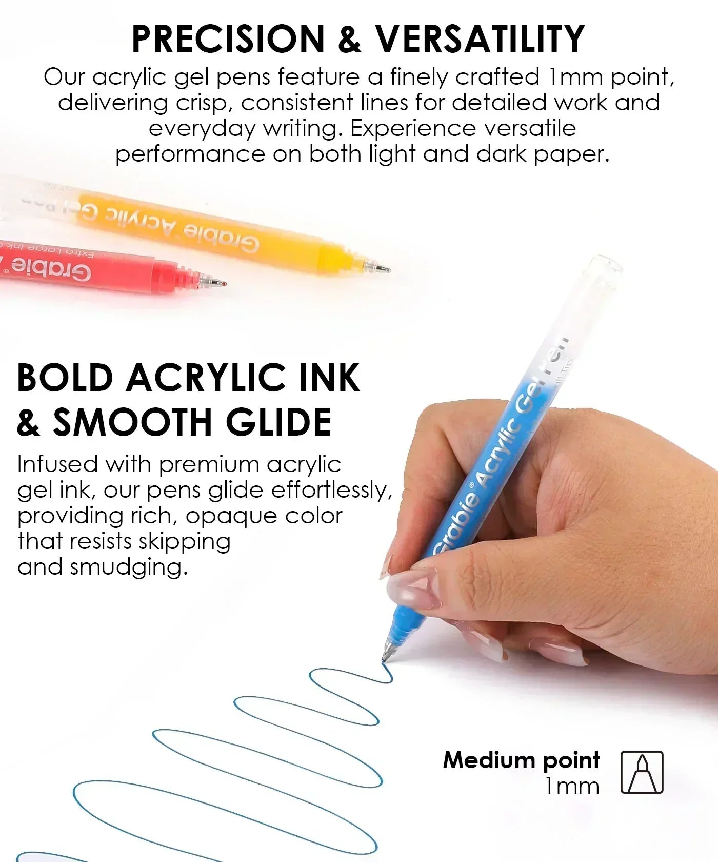 Hand holding blue pen drawing smooth lines, highlighting Retro Charm Meets Bold Color Bundle acrylic gel pens.
