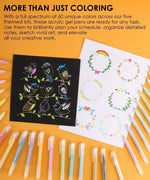 Colorful acrylic gel pens and two sheets featuring vibrant bird and floral designs from the Bold & Bright Coloring Kit