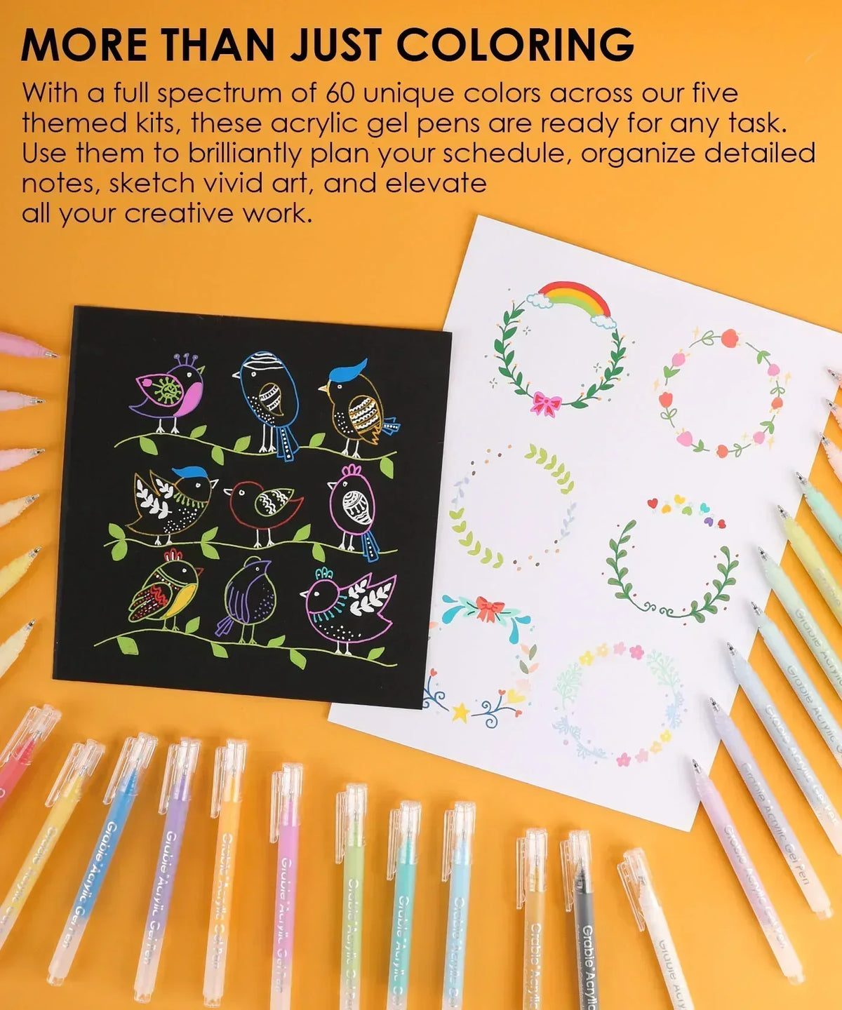Colorful acrylic gel pens and two sheets featuring vibrant bird and floral designs from the Bold & Bright Coloring Kit
