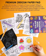 Bold & Bright Coloring Kit with art supplies including pens and heavyweight 200gsm paper for vibrant coloring and sketching.