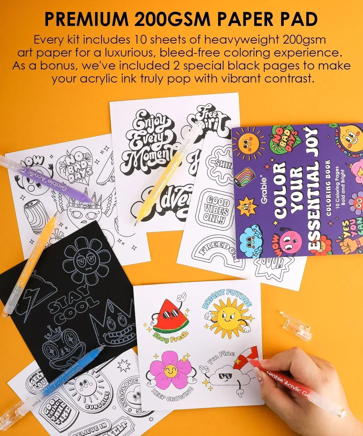 Bold & Bright Coloring Kit with art supplies including pens and heavyweight 200gsm paper for vibrant coloring and sketching.