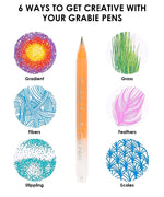 Orange Grabie pen surrounded by six colorful drawing techniques showing creativity in Retro Charm Meets Bold Color Bundle