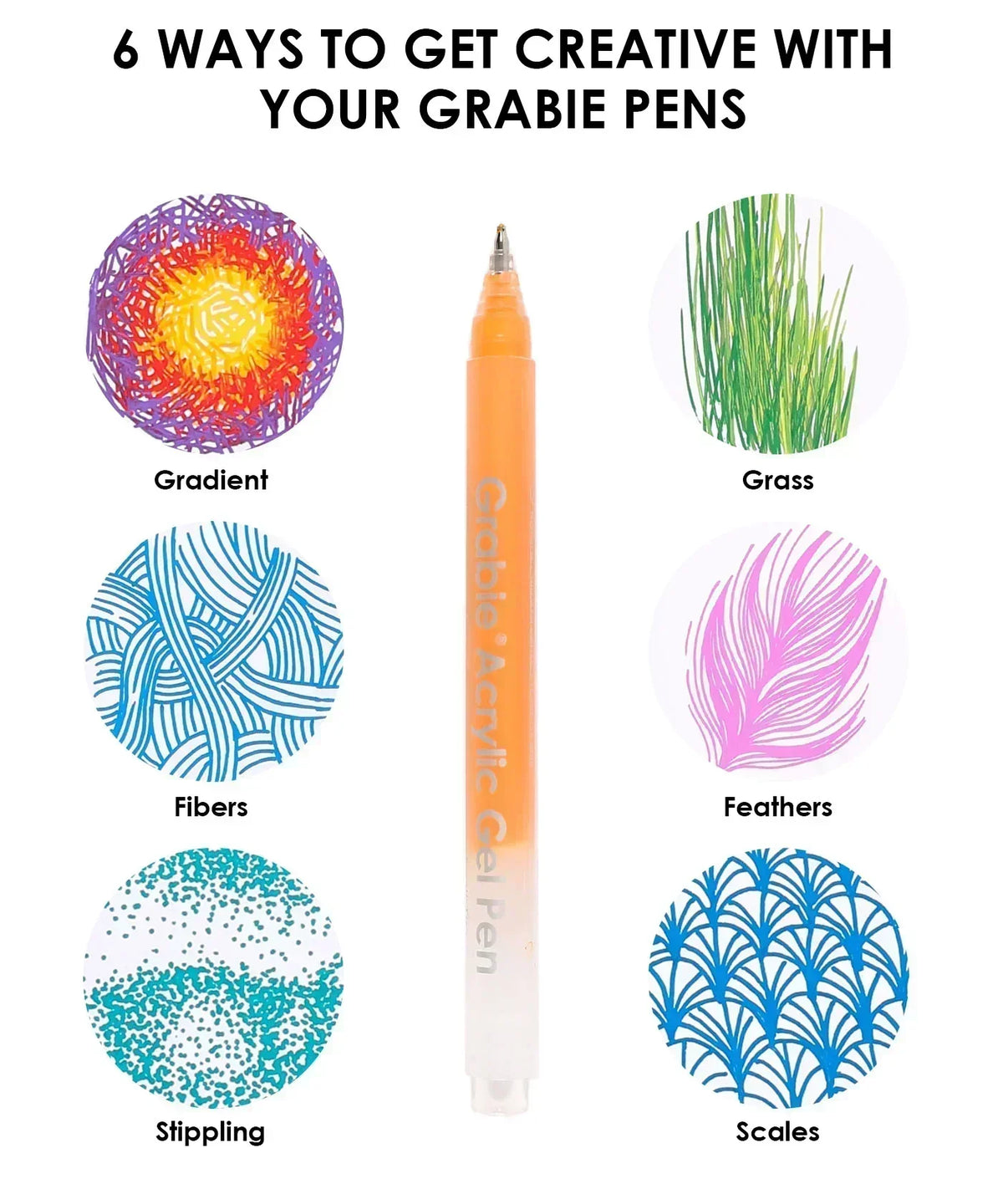 Orange Grabie pen surrounded by six colorful drawing techniques showing creativity in Retro Charm Meets Bold Color Bundle