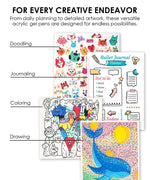 Creative artwork examples featuring doodling, journaling, coloring, and drawing using Retro Charm Meets Bold Color Bundle gel pens.