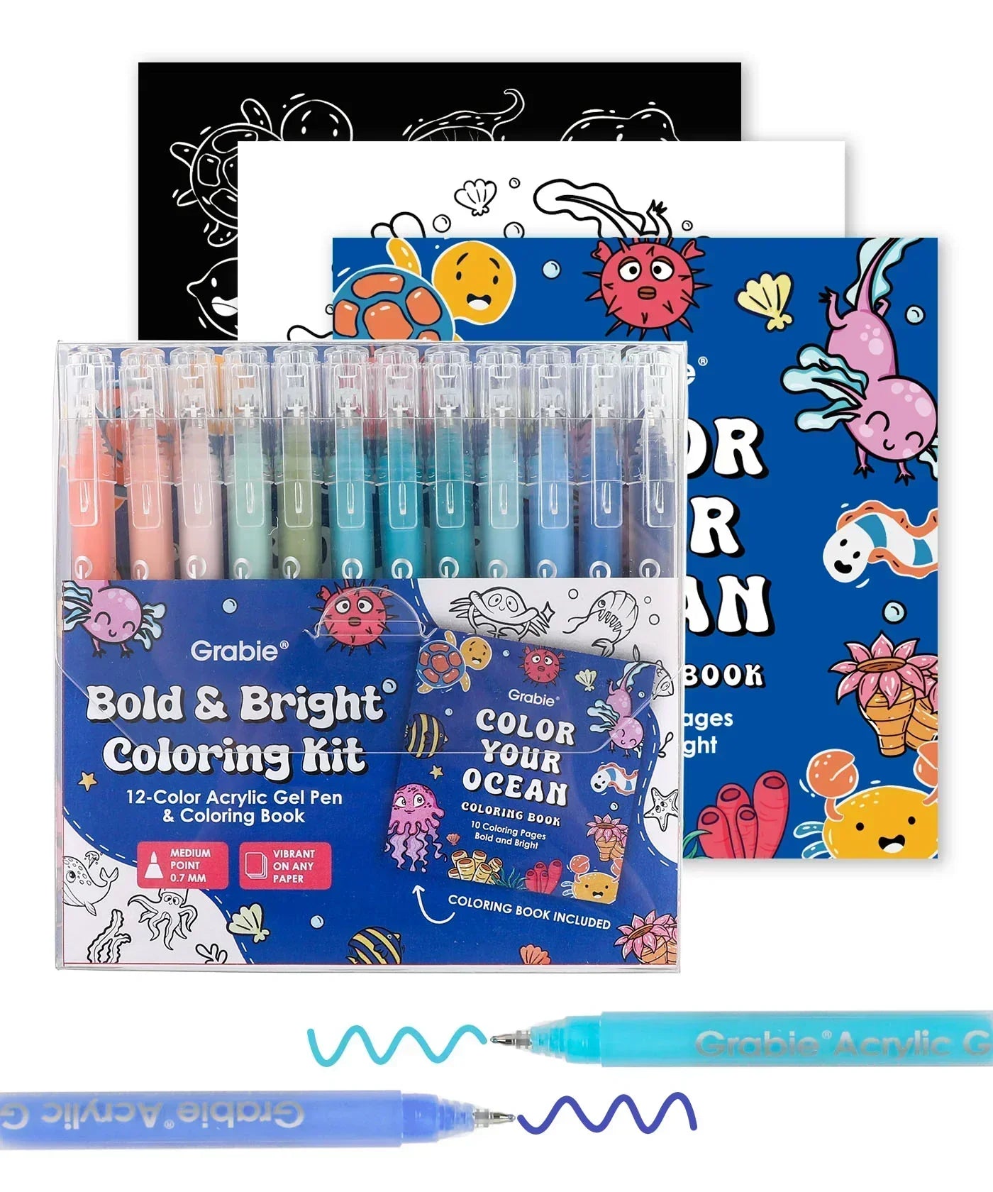 Bold & Bright Coloring Kit with 12 colorful gel pens and ocean-themed coloring book for creative art fun