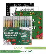 Bold & Bright Coloring Kit with 12 acrylic gel pens and three coloring books featuring nature and forest themes