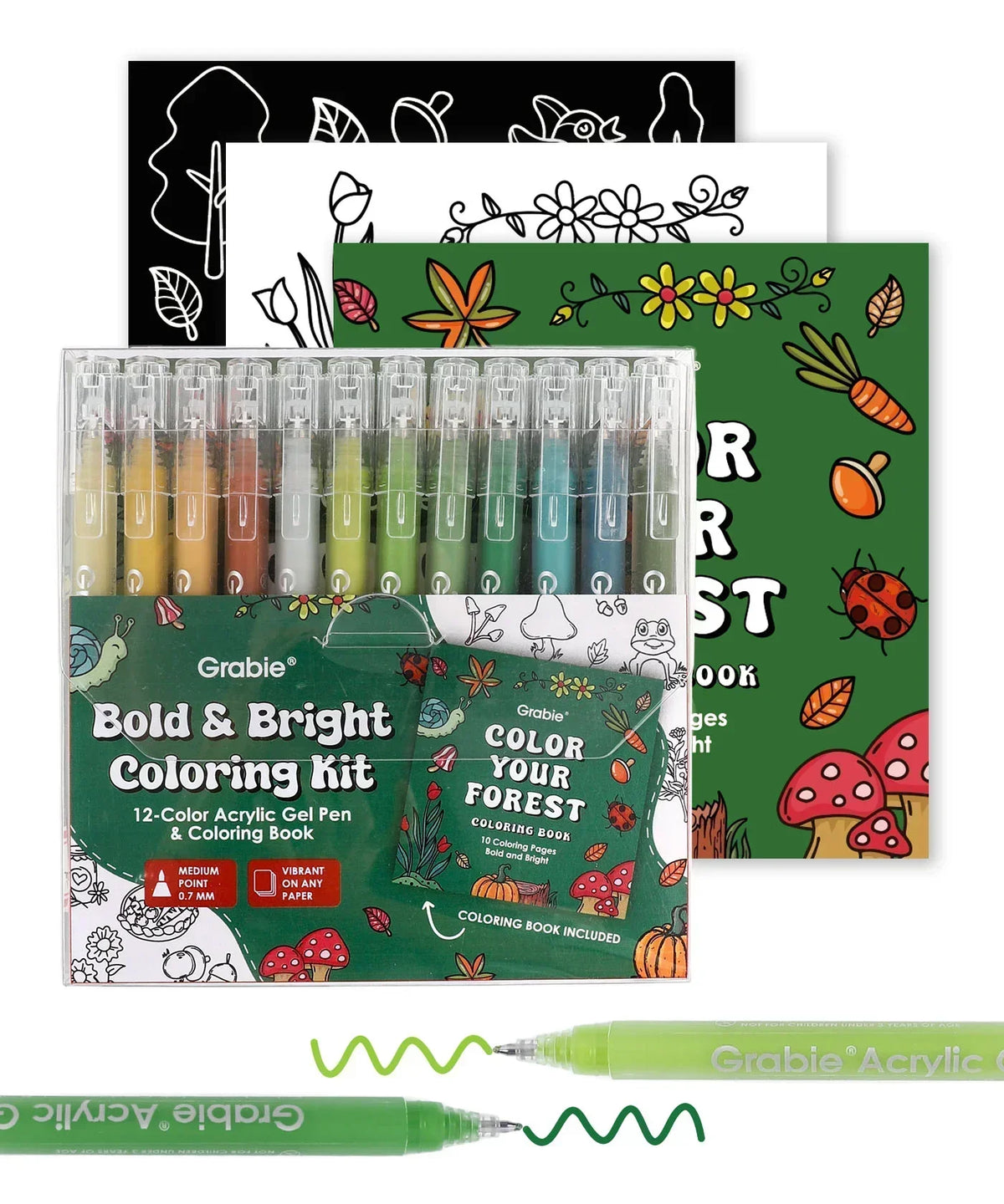 Bold & Bright Coloring Kit with 12 acrylic gel pens and three coloring books featuring nature and forest themes