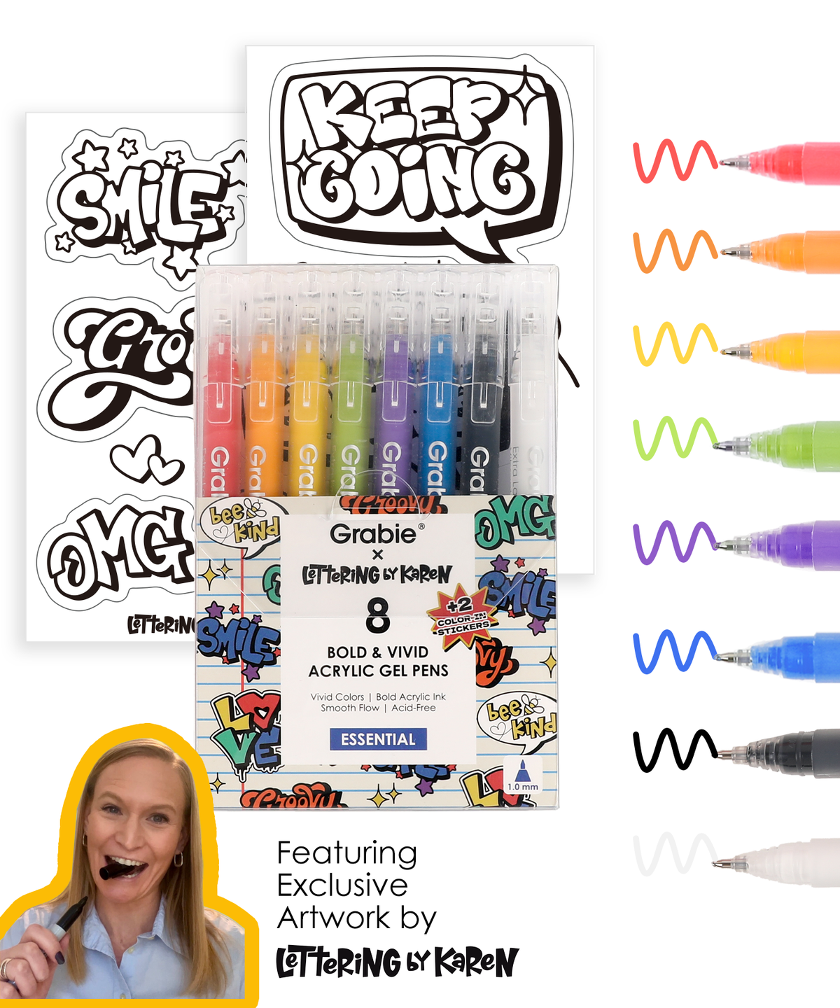 Grabie × Lettering By Karen Bold & Vivid Acrylic Gel Pen Set of 8 - Essential