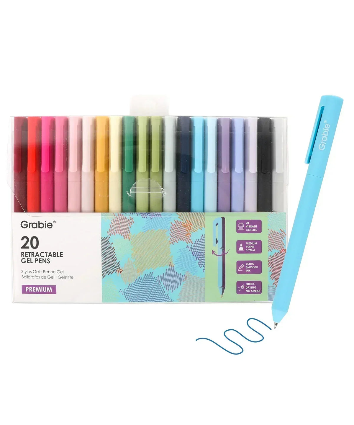 Medium Point Erasable Gel Pen Set With Retractable Assorted Colored Gel Pen Set showing multiple vibrant colors and one pen drawing a blue line