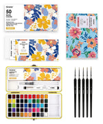 Watercolor Set Of 50 & Coloring Book Bundle featuring vibrant paints, brushes, swatch sheet, and floral-themed coloring book