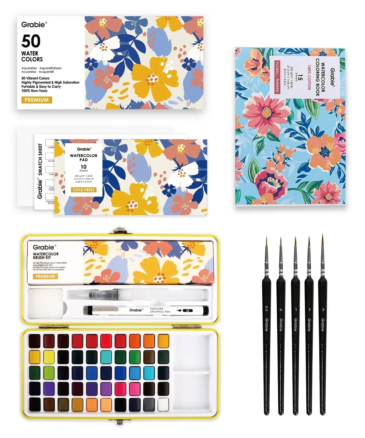 Watercolor Set Of 50 & Coloring Book Bundle featuring vibrant paints, brushes, swatch sheet, and floral-themed coloring book