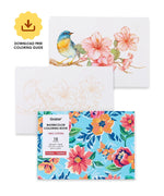Watercolor Set Of 50 & Coloring Book Bundle featuring floral-themed coloring book with bird and flower illustrations for art supplies.
