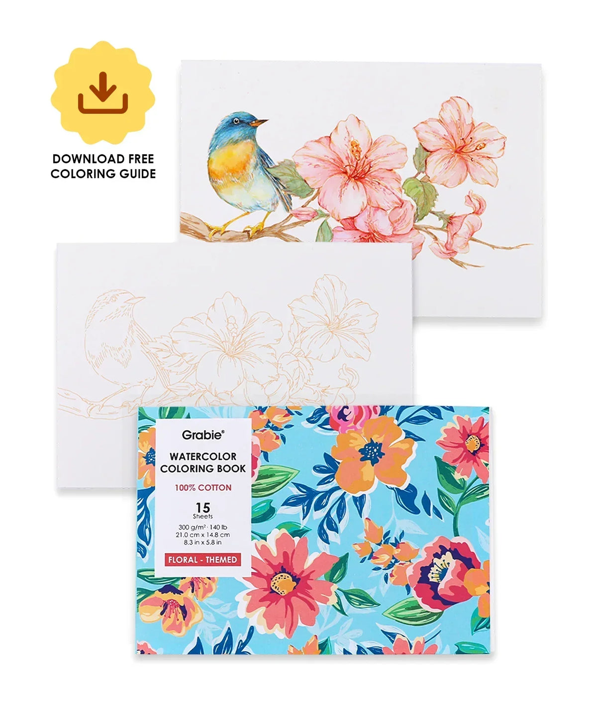 Watercolor Set Of 50 & Coloring Book Bundle featuring floral-themed coloring book with bird and flower illustrations for art supplies.