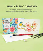Watercolor Set Of 50 & Coloring Book Bundle with floral designs, paintbrushes, and a watercolor painting of a bird and flowers.