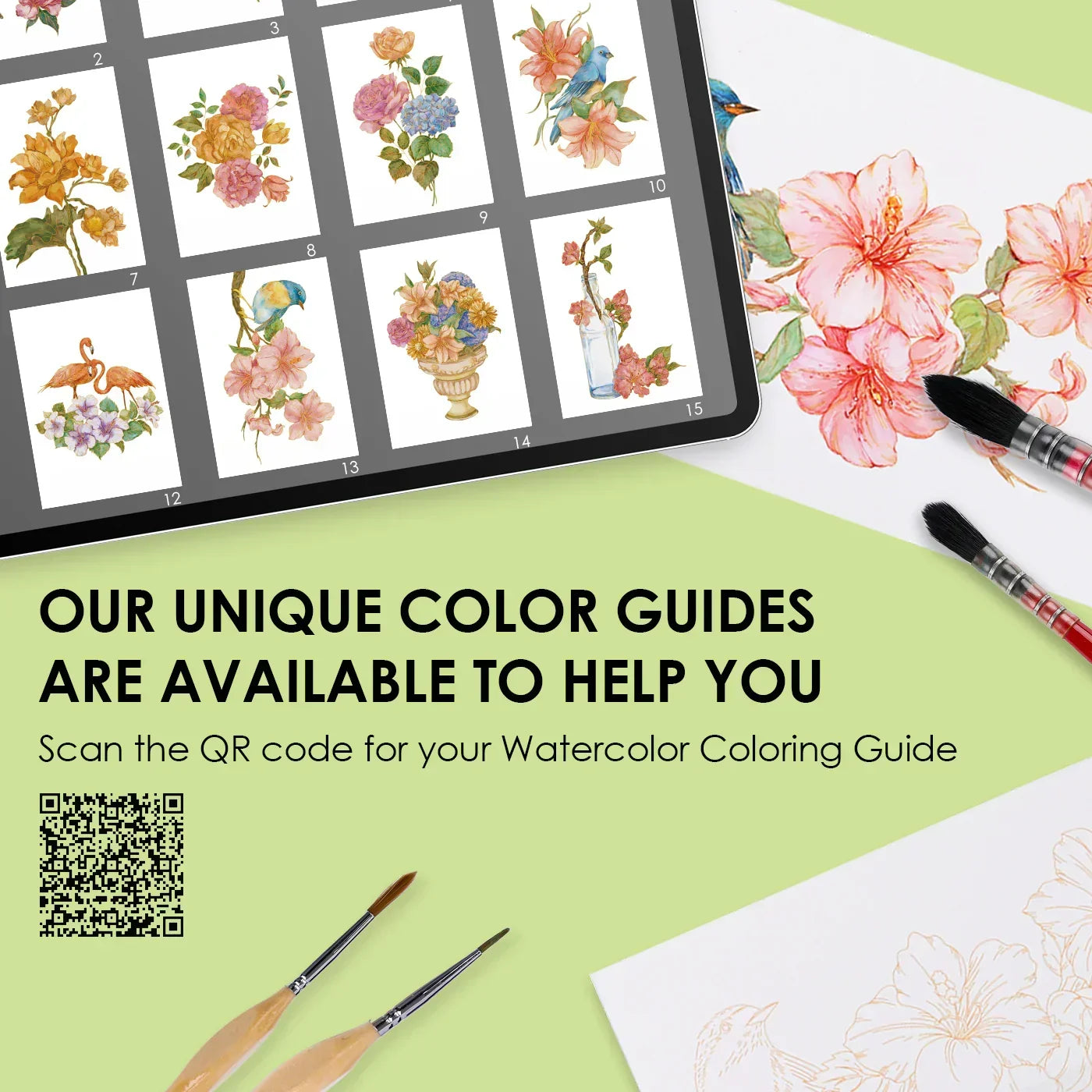 Watercolor Set Of 50 & Coloring Book Bundle with floral color guides, brushes, and partially painted artwork on a light green background