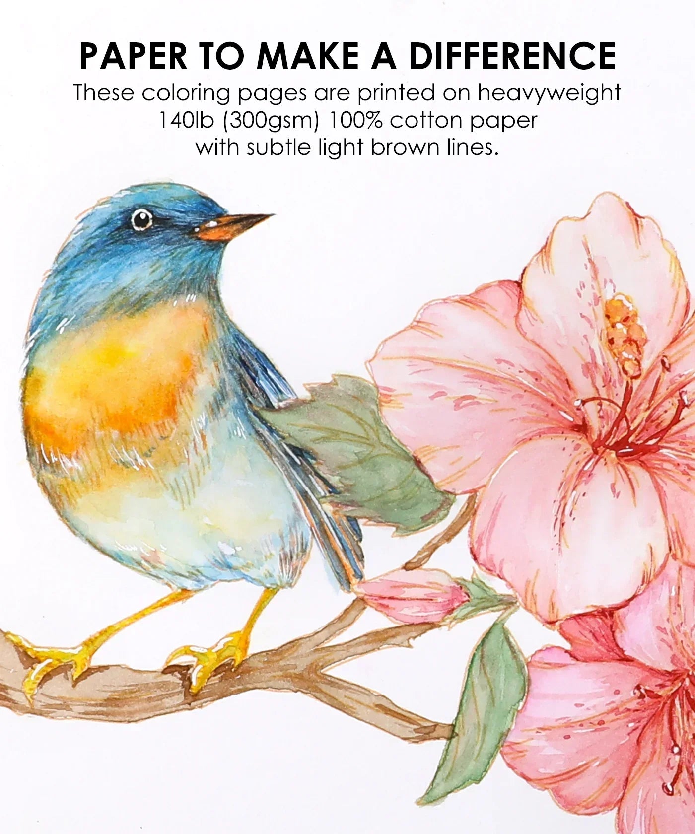Watercolor painting of a blue and orange bird perched on a branch with pink flowers from Watercolor Set Of 50 & Coloring Book Bundle