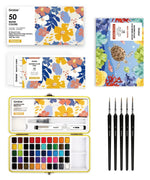 Watercolor Set Of 50 & Coloring Book Bundle with floral packaging, 50-color palette, brushes, and marine-themed coloring book