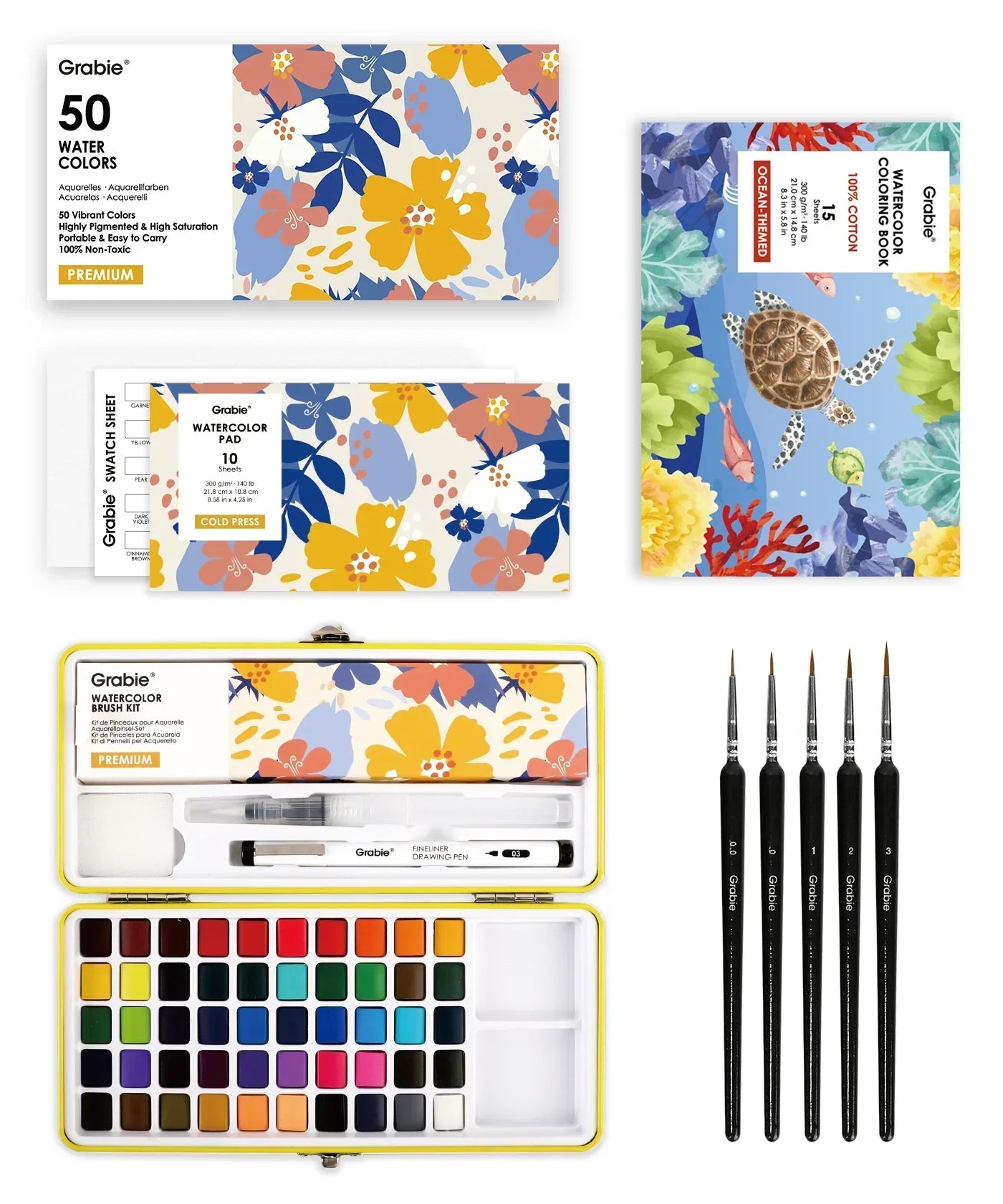 Watercolor Set Of 50 & Coloring Book Bundle with floral packaging, 50-color palette, brushes, and marine-themed coloring book