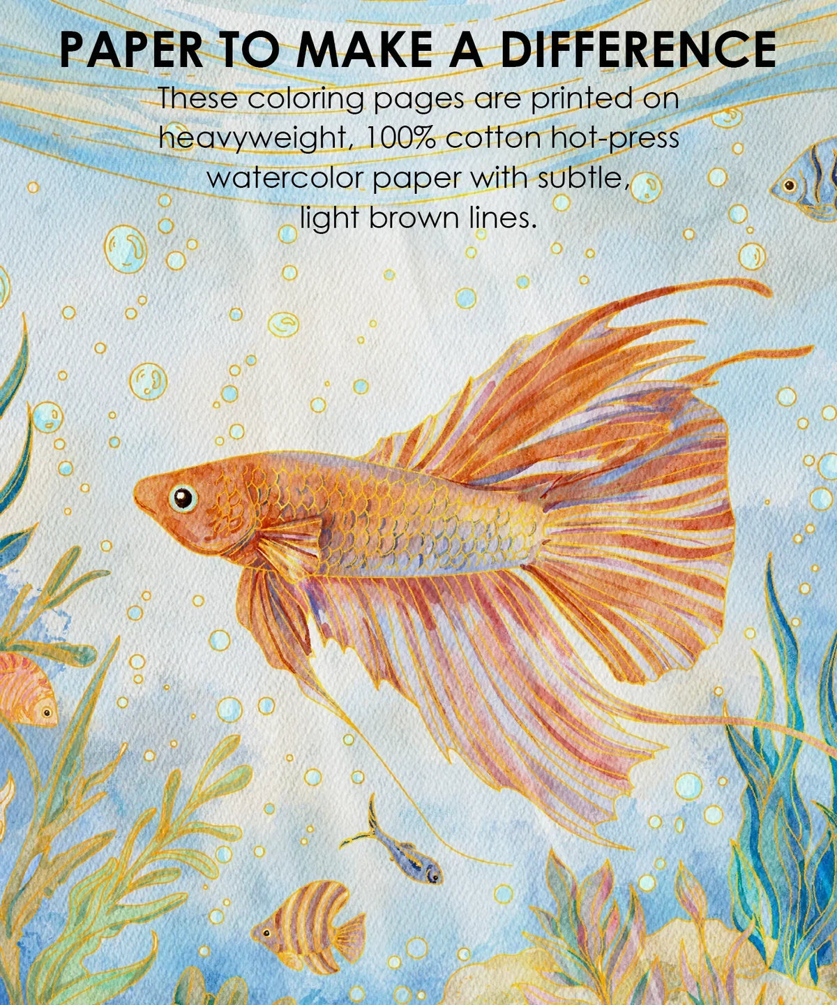 Colored illustration of an orange fish swimming with other fish on watercolor paper for Watercolor Set Of 50 & Coloring Book Bundle
