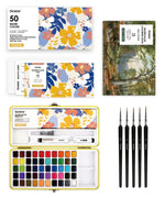 Watercolor Set Of 50 & Coloring Book Bundle with vibrant paint palette, brushes, watercolor pad, and nature-themed coloring book cover