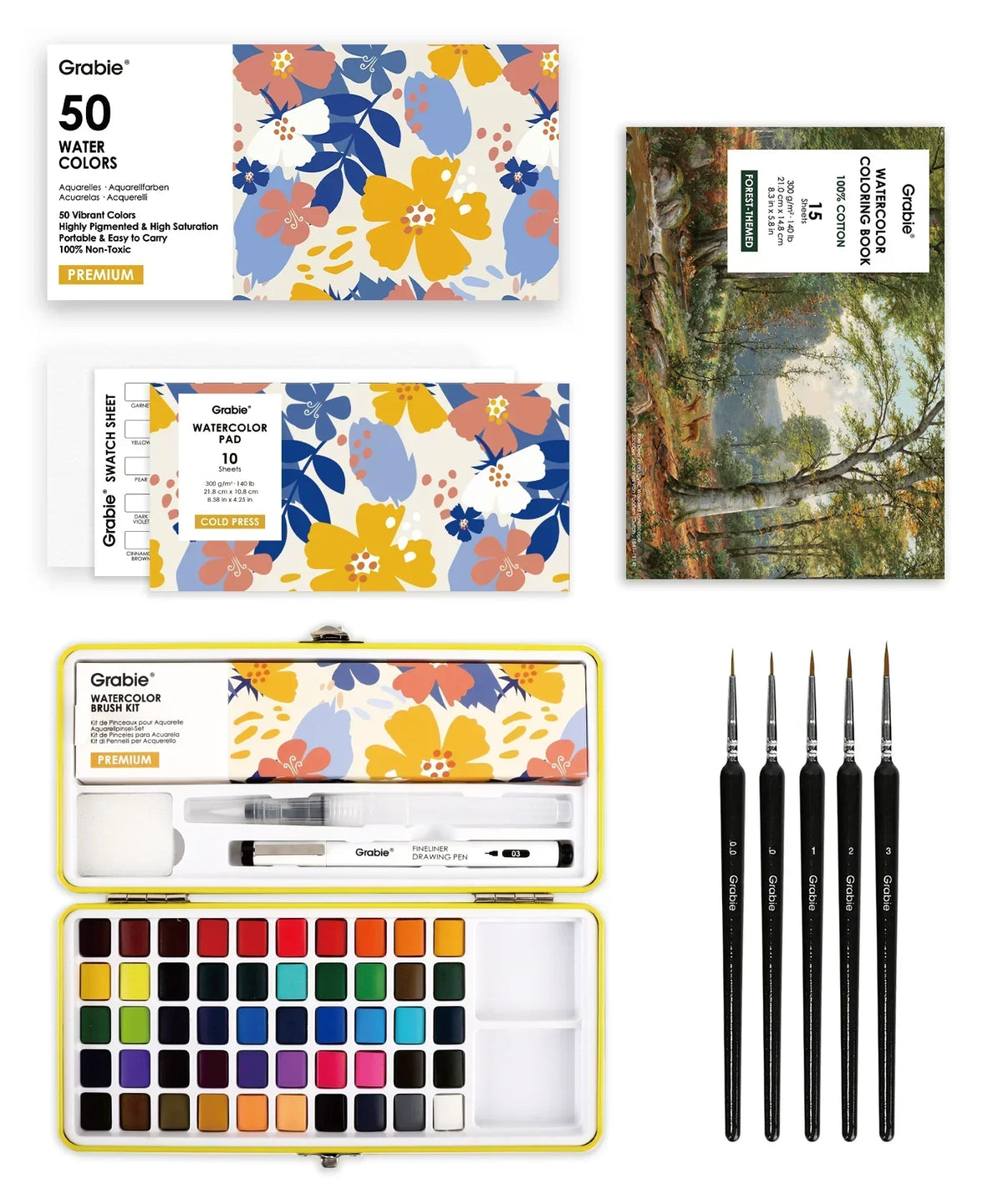 Watercolor Set Of 50 & Coloring Book Bundle with vibrant paint palette, brushes, watercolor pad, and nature-themed coloring book cover