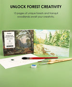Watercolor Set Of 50 & Coloring Book Bundle with forest-themed pages, brushes, and watercolor paint on green background