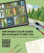 Watercolor Set Of 50 & Coloring Book Bundle with watercolor guide, paintbrushes, and scenic nature paintings on tablet and paper