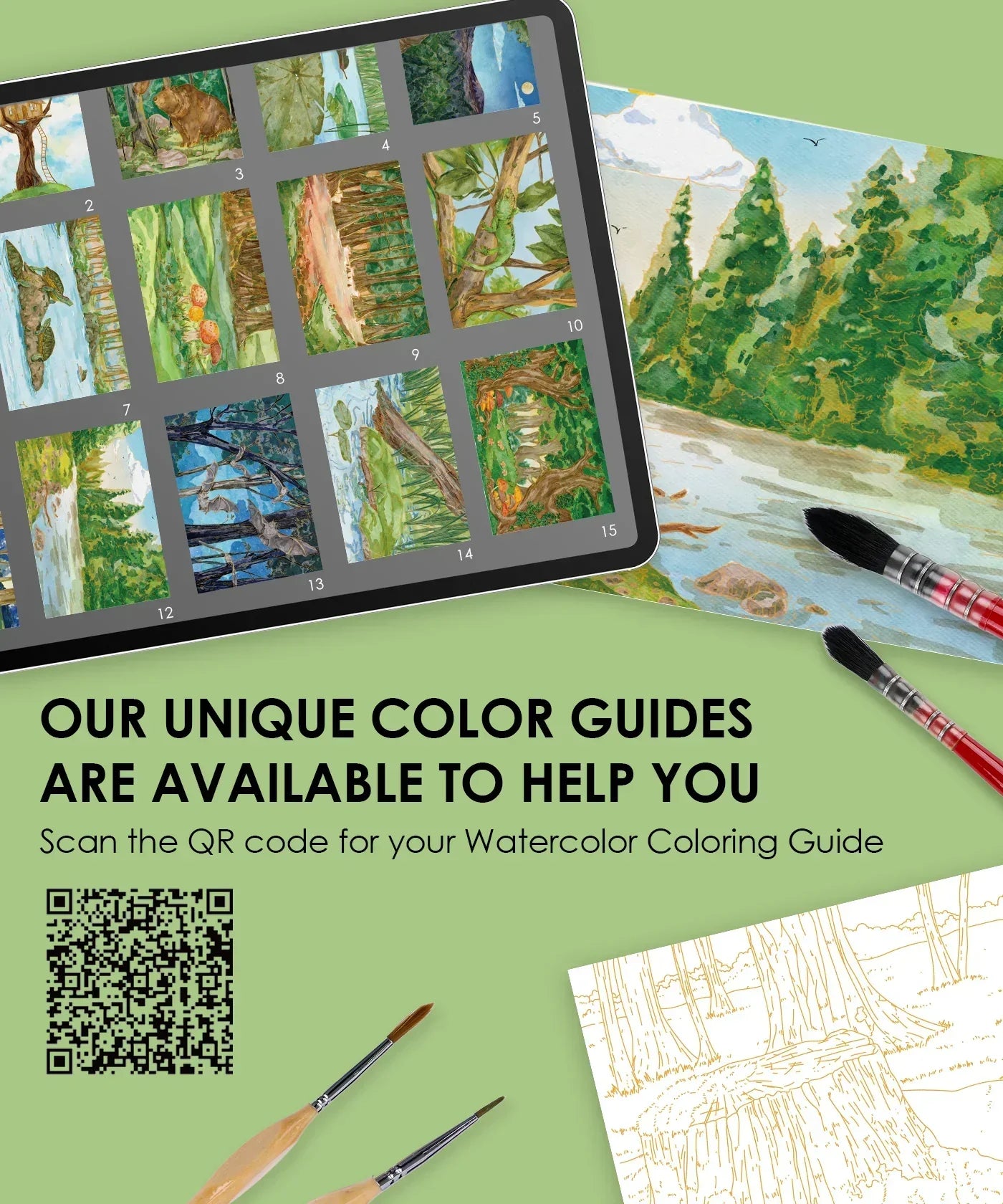 Watercolor Set Of 50 & Coloring Book Bundle with watercolor guide, paintbrushes, and scenic nature paintings on tablet and paper